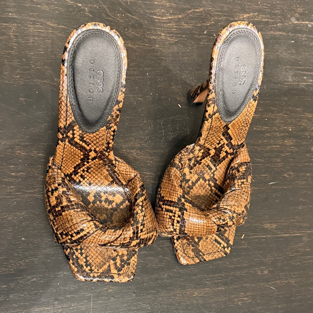 ASOS Brown Snake-Print Knot Front Heeled Slippers